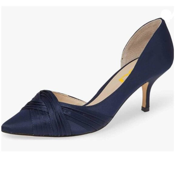 FSJ Navy Kitten Heels Pointed Toe Slip on Pumps D'Orsay Pleated Satin Dress Shoe - Picture 1 of 8